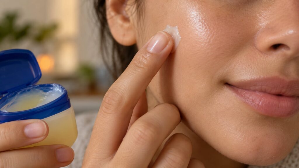 A close-up shot of hands gently dabbing a tiny amount of Vaseline onto a cheek which appears smooth and well-hydrated So