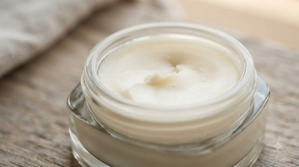 A close-up of the smooth creamy texture of the Vaseline and rice flour balm inside a small container