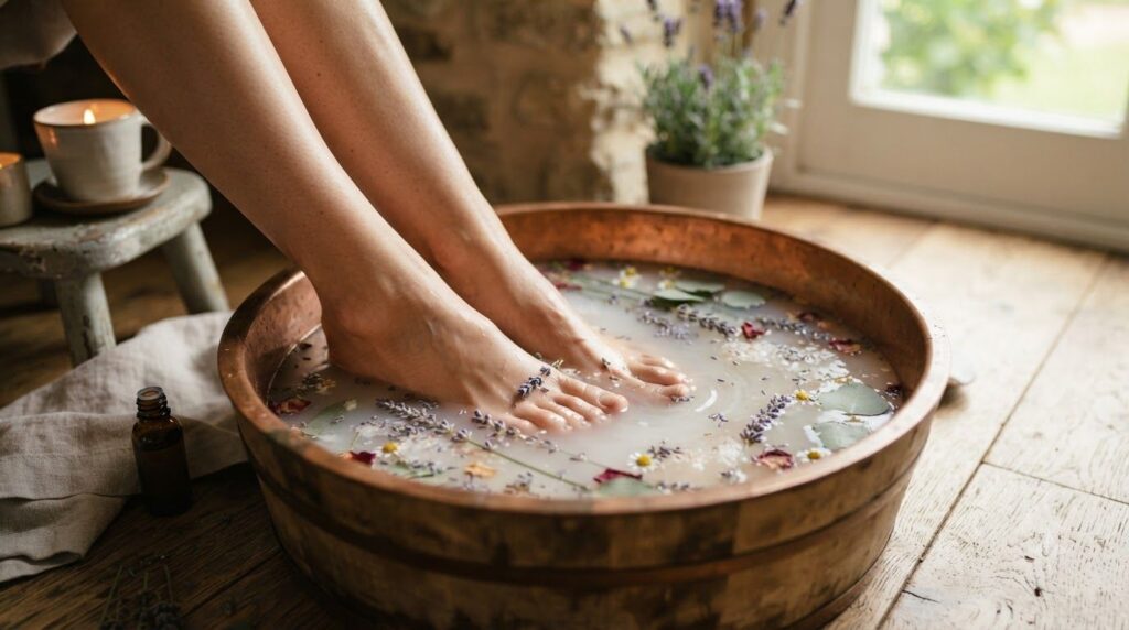 A close-up of a person s feet soaking in a beautiful aromatic foot bath with lavender flowers and Epsom salts indicating