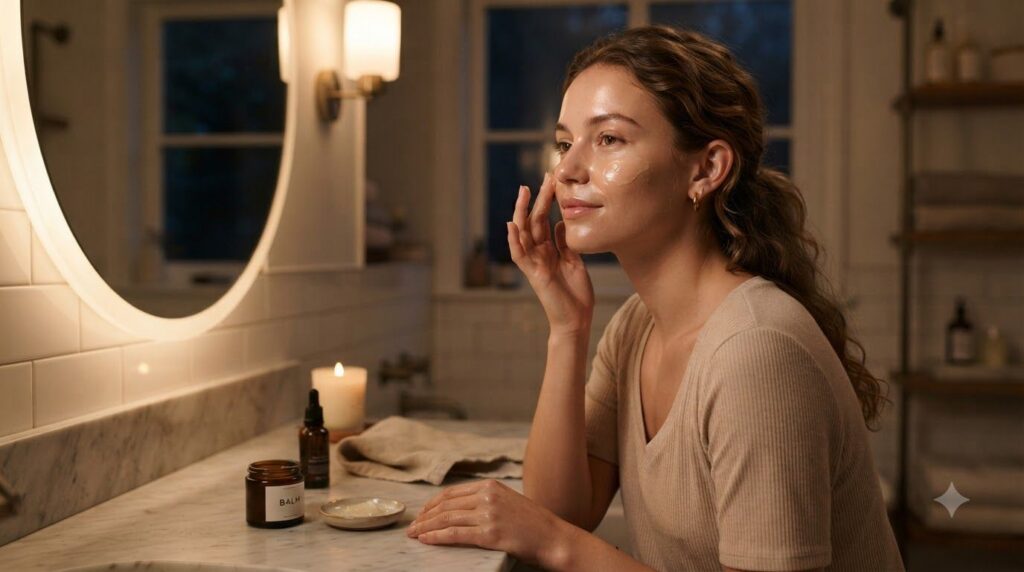 A woman gently applying a small amount of a mixed oil and petroleum jelly blend to her face at night in a soft calm sett