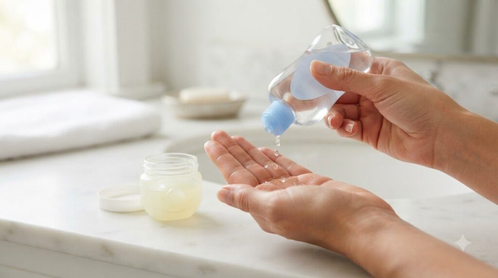 A small amount of baby oil being dispensed from a bottle onto a clean palm next to a small dollop of petroleum jelly in 
