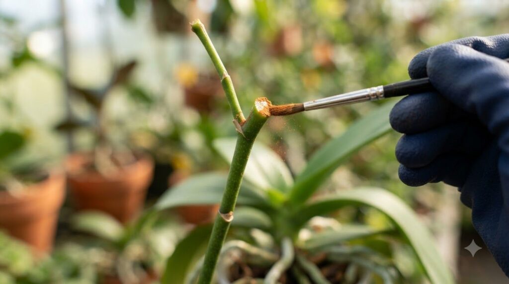 A small amount of cinnamon powder being gently dusted onto a cut stem or root of an orchid plant