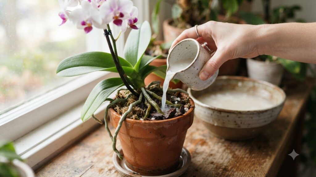 Orchid being watered with cloudy rice water with a bowl of rice water visible in the background