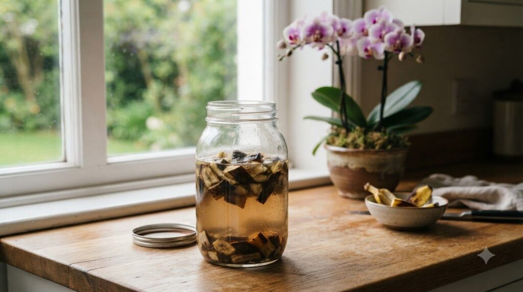 Banana peels soaking in a jar of water with an orchid plant in the background