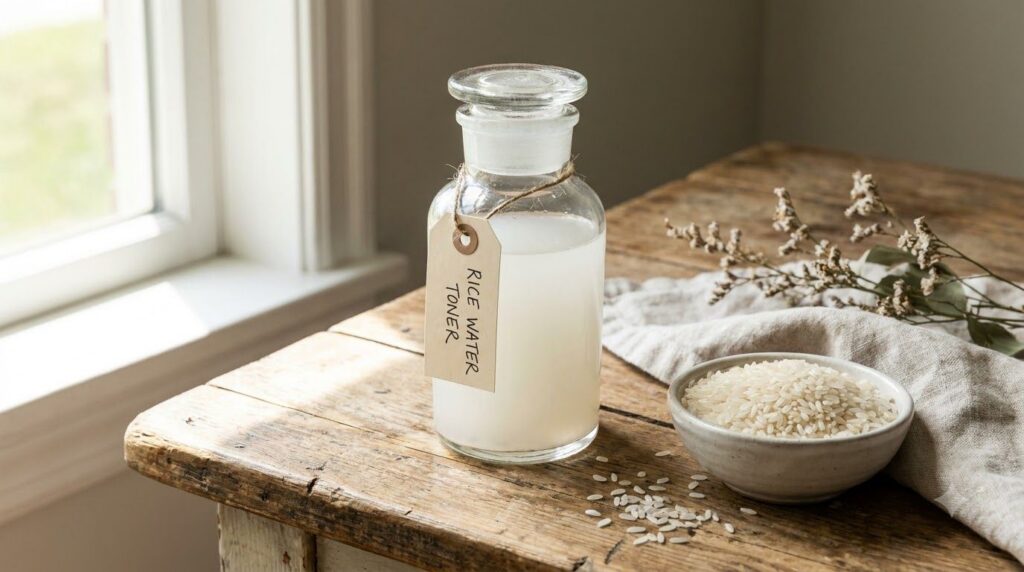 A glass bottle of homemade rice water toner next to a small bowl of white rice and a few rice grains scattered on a wood