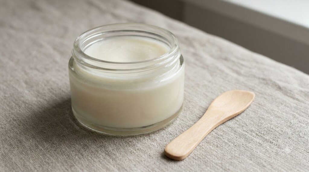 A small clean glass jar filled with a smoothly mixed Vaseline and white powder blend with a spatula resting beside it