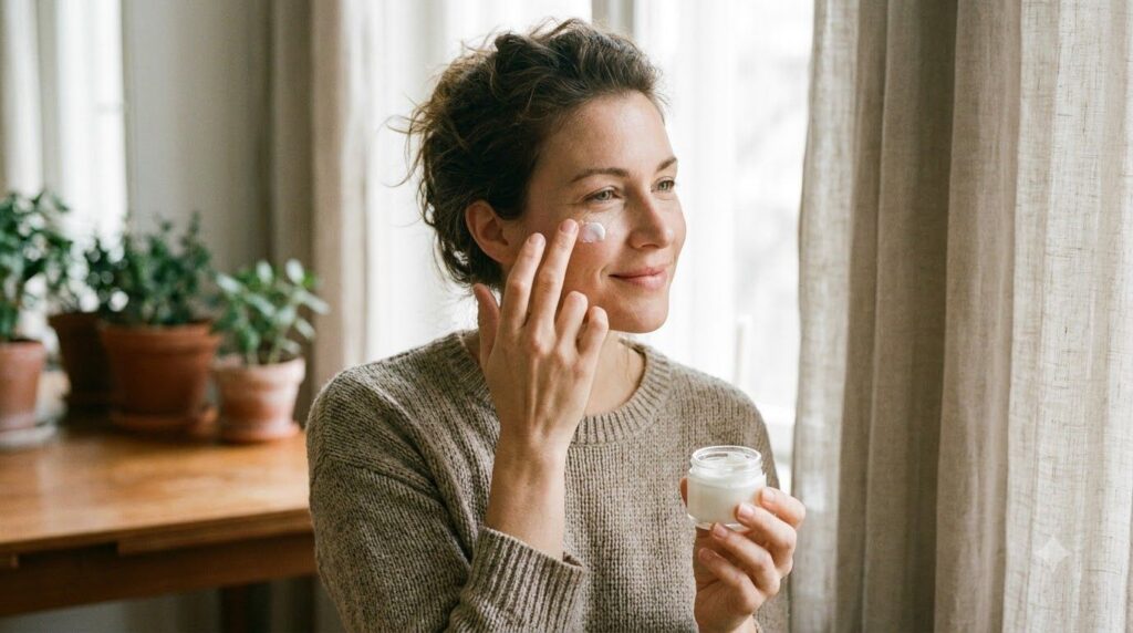 A woman gently applying a small amount of the Vaseline and powder blend under her eyes with her fingertip showing a sere
