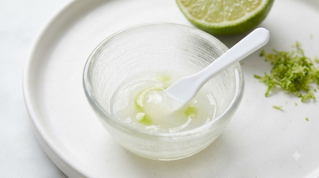 Close-up of a small glass bowl with Vaseline and fresh lime juice being mixed with a tiny spatula to create a smooth pas