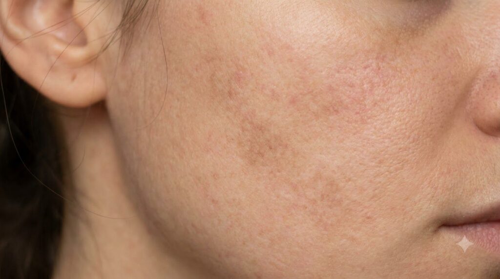 Close-up of skin showing signs of irritation or a mild chemical burn with redness and hyperpigmentation to illustrate th