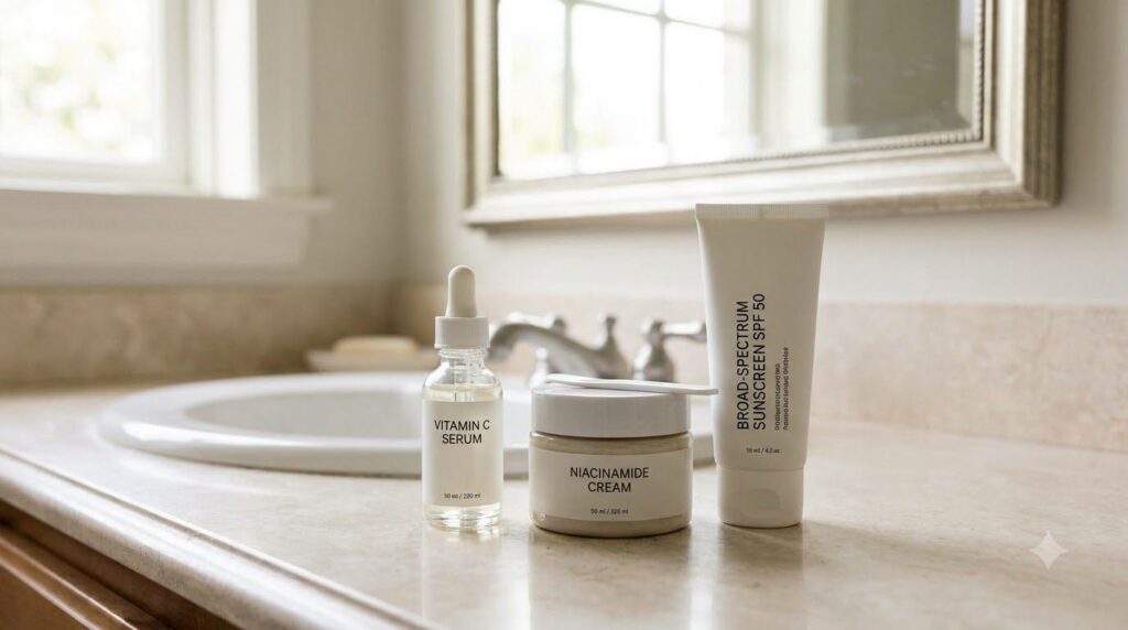 Various safe skincare products for dark spots such as a Vitamin C serum a niacinamide cream and a broad-spectrum sunscre