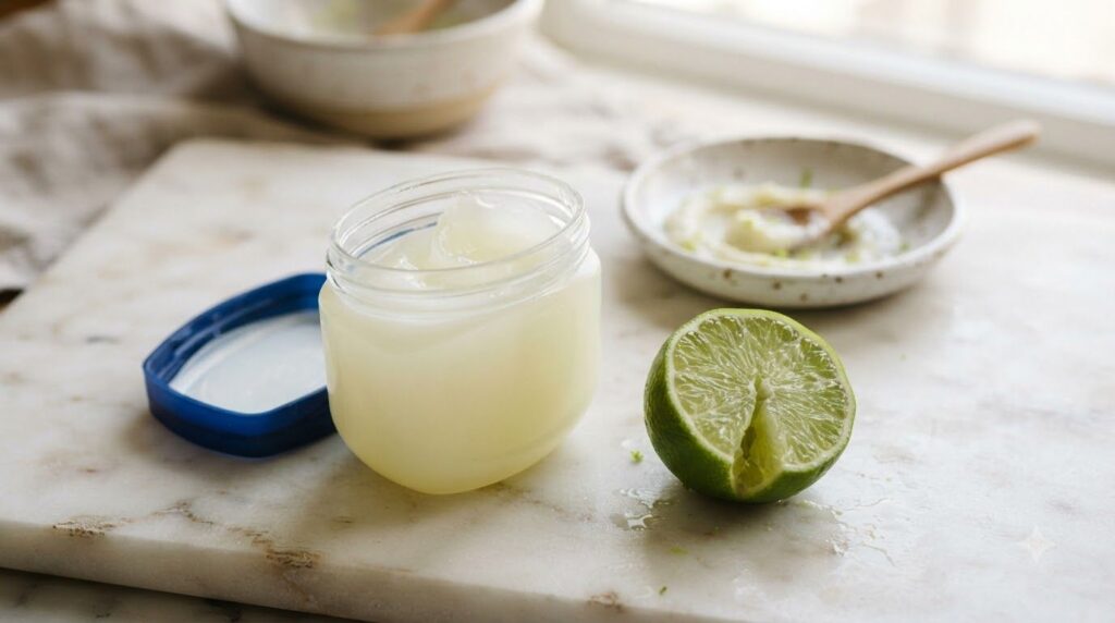 An open jar of Vaseline next to a sliced lime with a small dish containing mixed Vaseline and lime paste in the backgrou