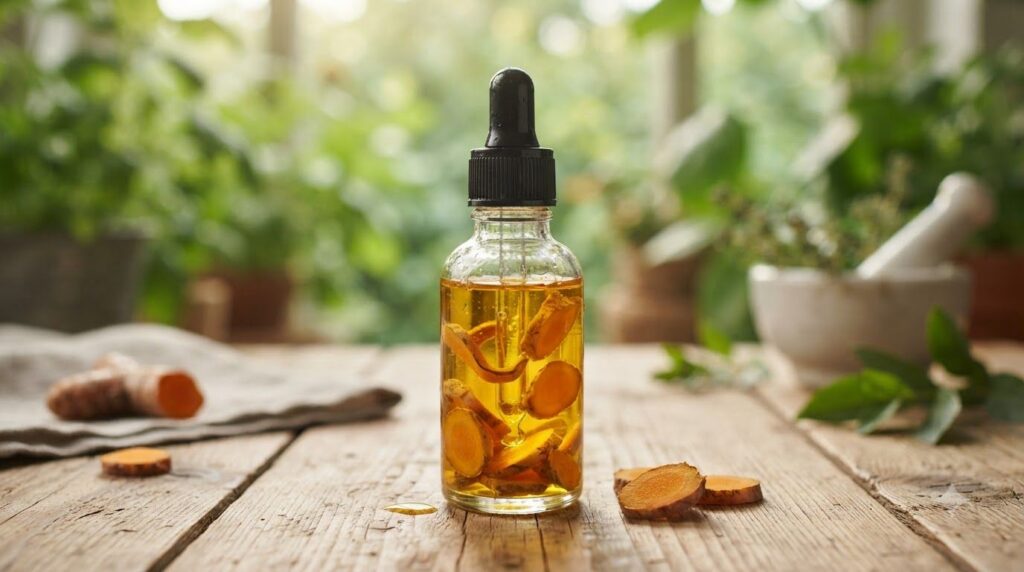 Close up of a dropper bottle containing yellowish oil with turmeric slices inside surrounded by natural elements like gr
