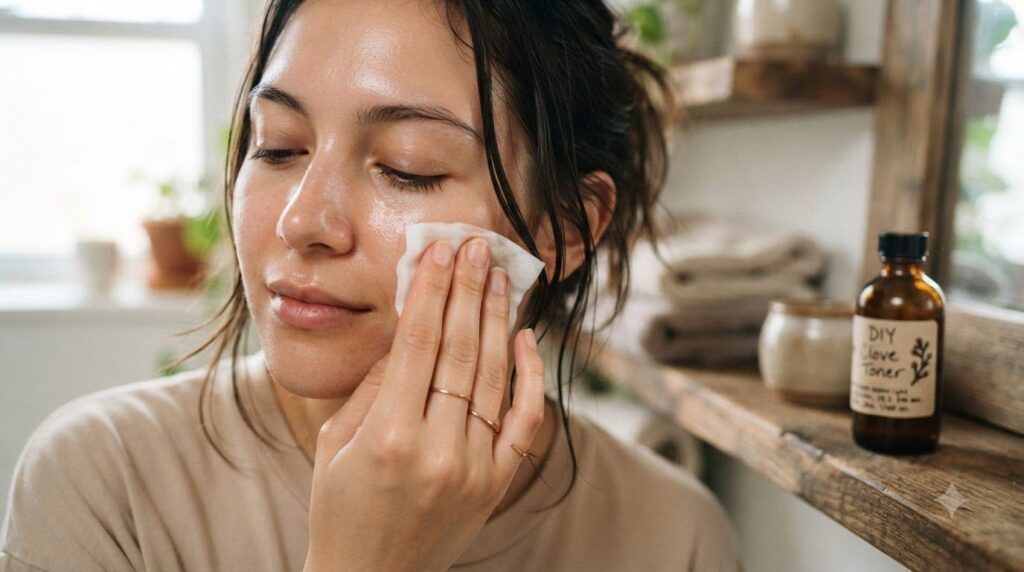 A person gently applying a natural toner to their face with a cotton pad perhaps a small bottle of homemade clove toner 