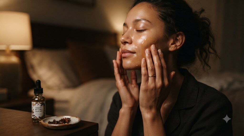 A small amber bottle of homemade night serum with cloves or a person gently massaging their face with a serum at night
