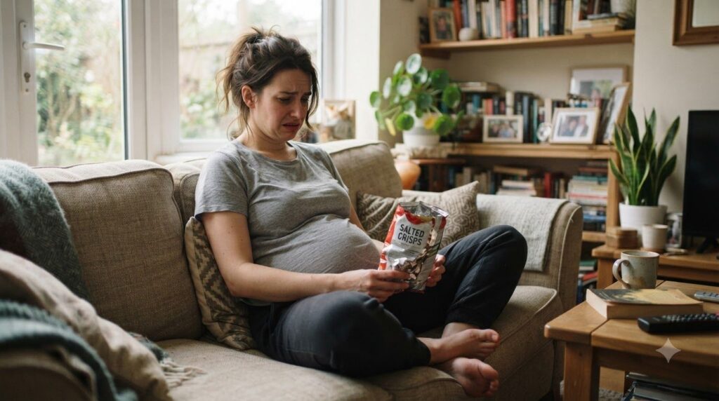 A person looking bloated and uncomfortable after eating processed snacks perhaps reaching for a glass of water
