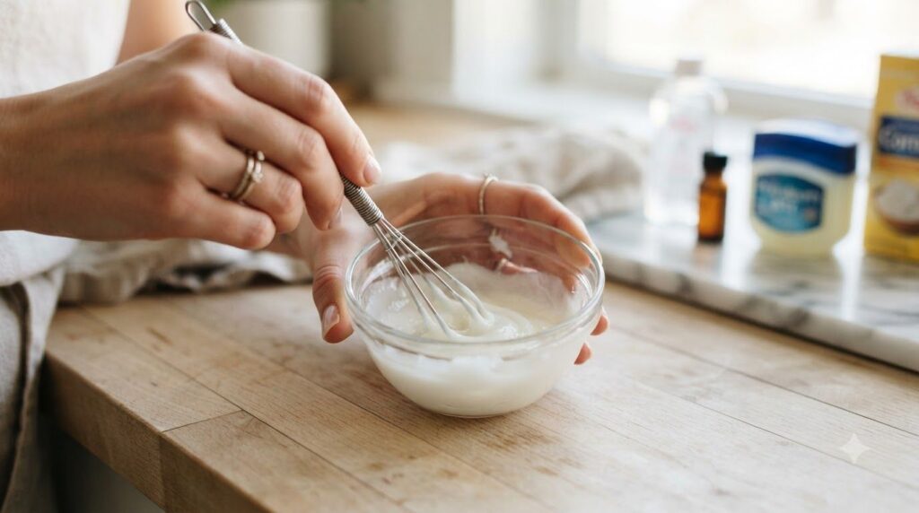 A close-up shot of hands mixing melted petroleum jelly baby oil and white powder in a small glass bowl with a mini whisk