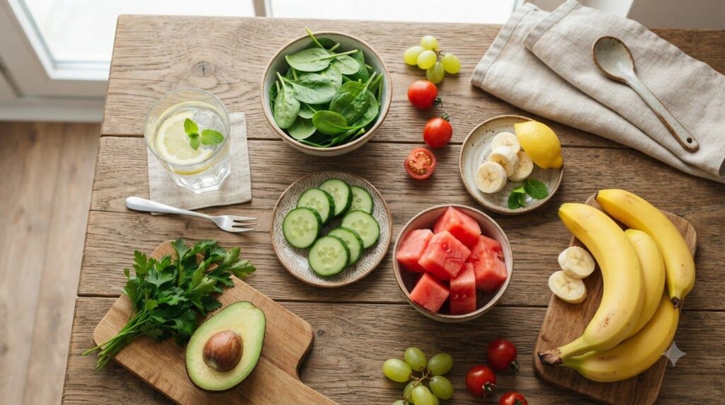 A vibrant and healthy spread of foods that reduce water retention including sliced cucumber watermelon wedges a bowl of