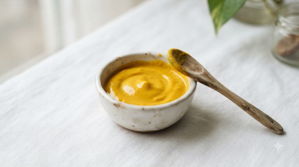 A small ceramic bowl containing a smooth vibrant yellow turmeric face mask paste with a wooden spoon resting beside it o
