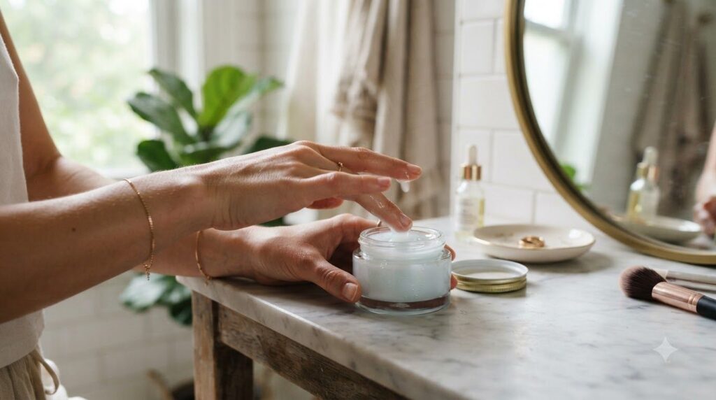 A small glass jar filled with the finished creamy night gel with a hand gently dipping a finger into it to apply showing
