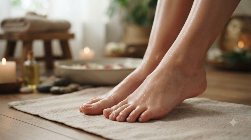 A close-up of healthy smooth and moisturized feet after a foot soak highlighting the improved skin texture and glow The 