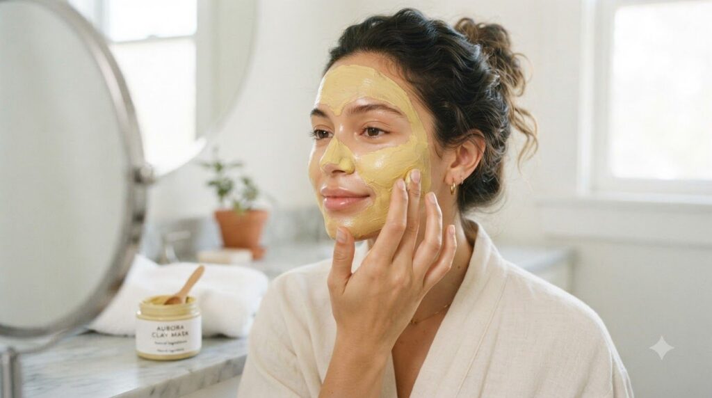 A woman gently applying a yellow face mask to her clean face with soft diffused lighting highlighting her glowing skin