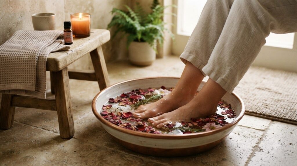 A person s feet soaking in a beautiful calm foot bath filled with warm water Epsom salts essential oils and dried rose p