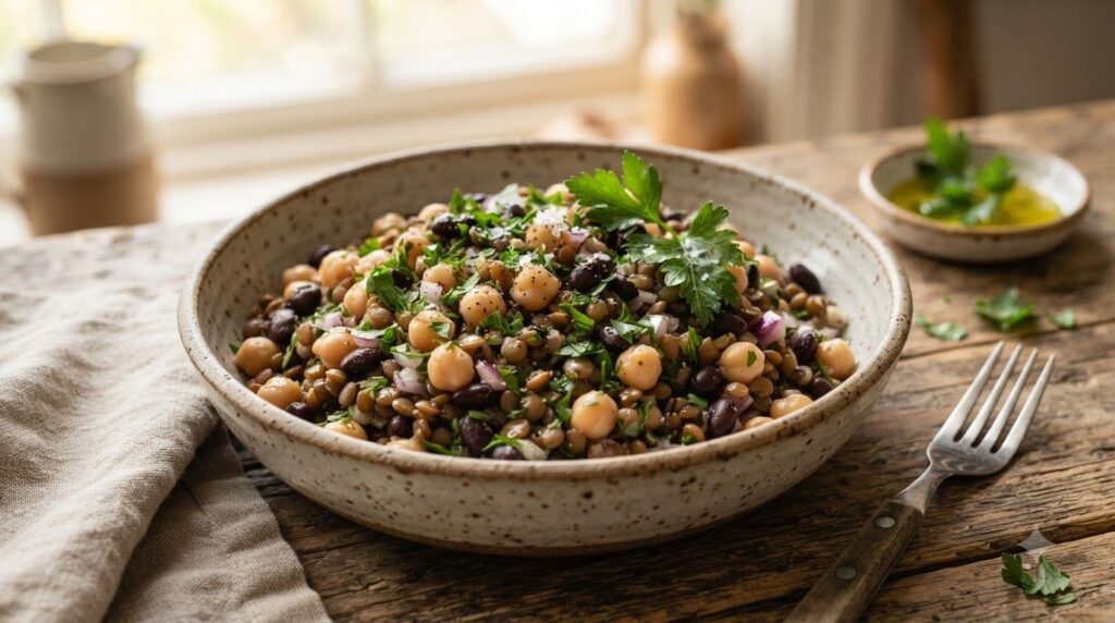 A colorful bowl of mixed legumes like lentils chickpeas and black beans with fresh herbs and a drizzle of olive oil high