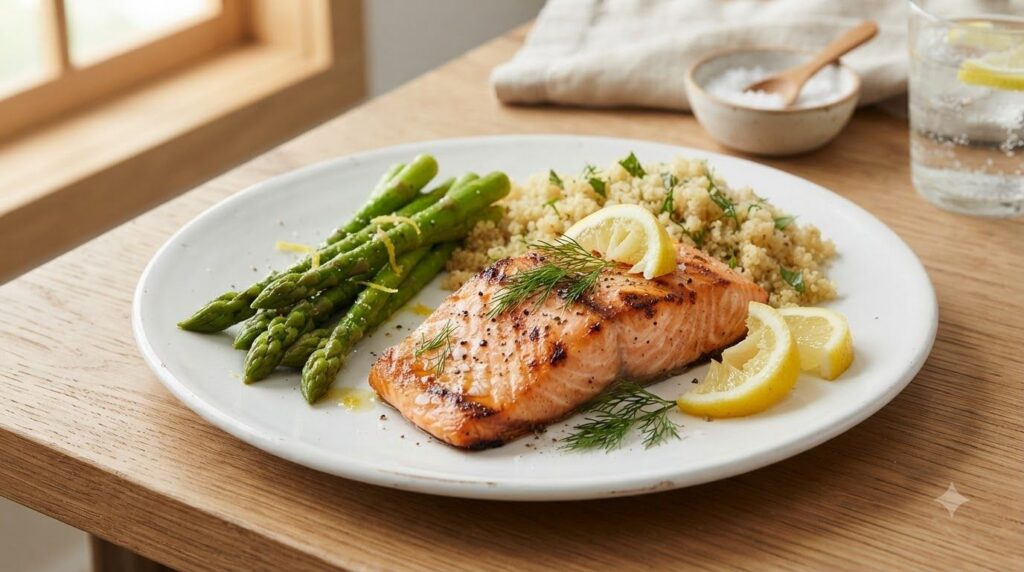 A perfectly grilled salmon fillet with lemon wedges and fresh dill served alongside steamed asparagus and quinoa on a wh