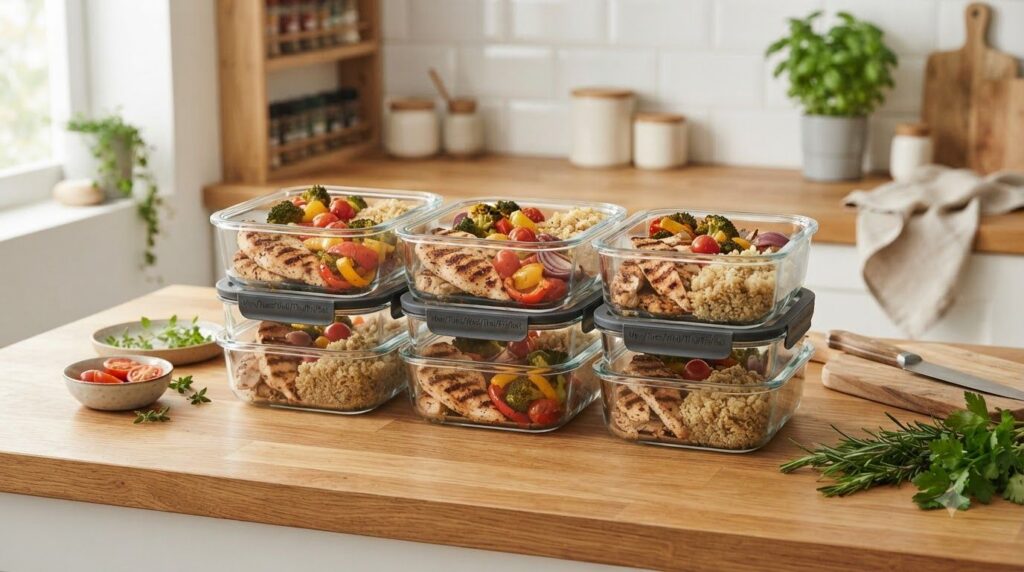 A vibrant and healthy meal prep layout on a kitchen counter showing containers filled with grilled chicken roasted veget