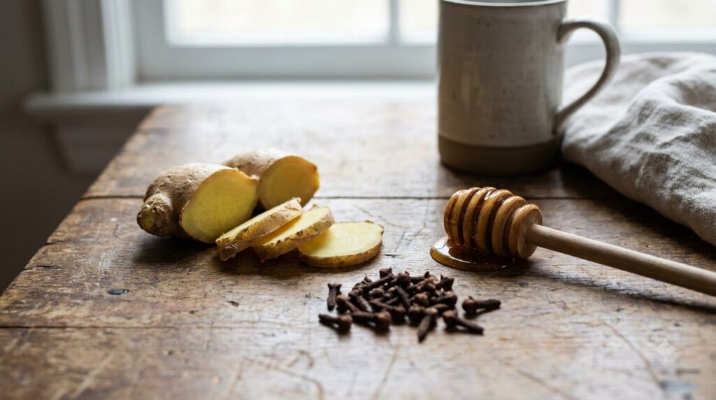 Close-up of fresh ginger root whole cloves and a small honey dipper on a wooden surface ready for tea preparation