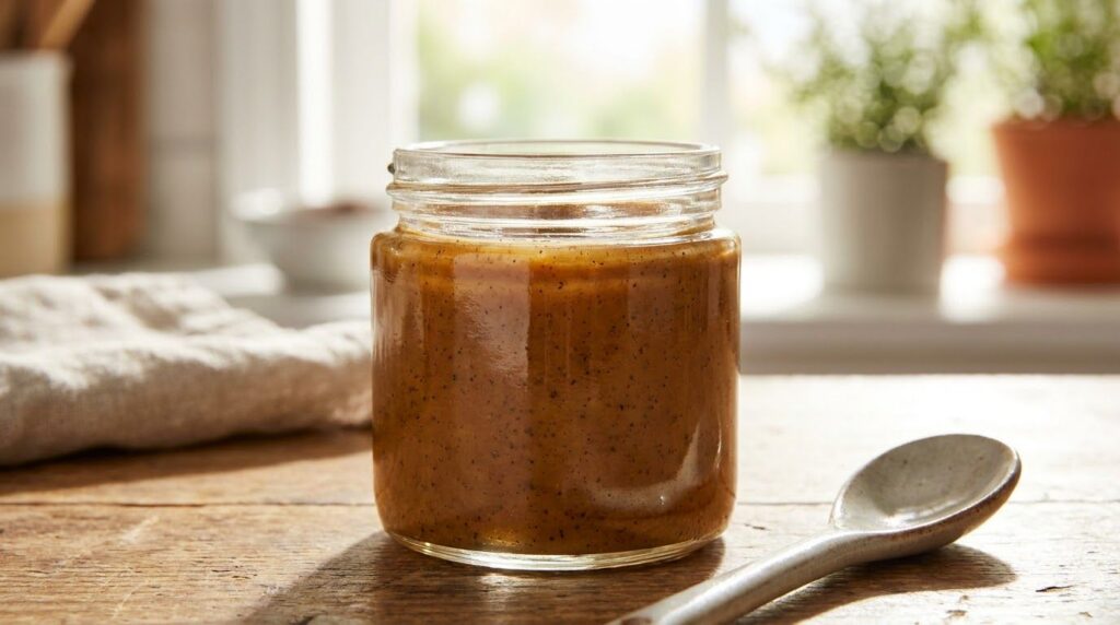 Close-up of a small clean glass jar containing the freshly mixed Vaseline and instant coffee balm The texture is smooth
