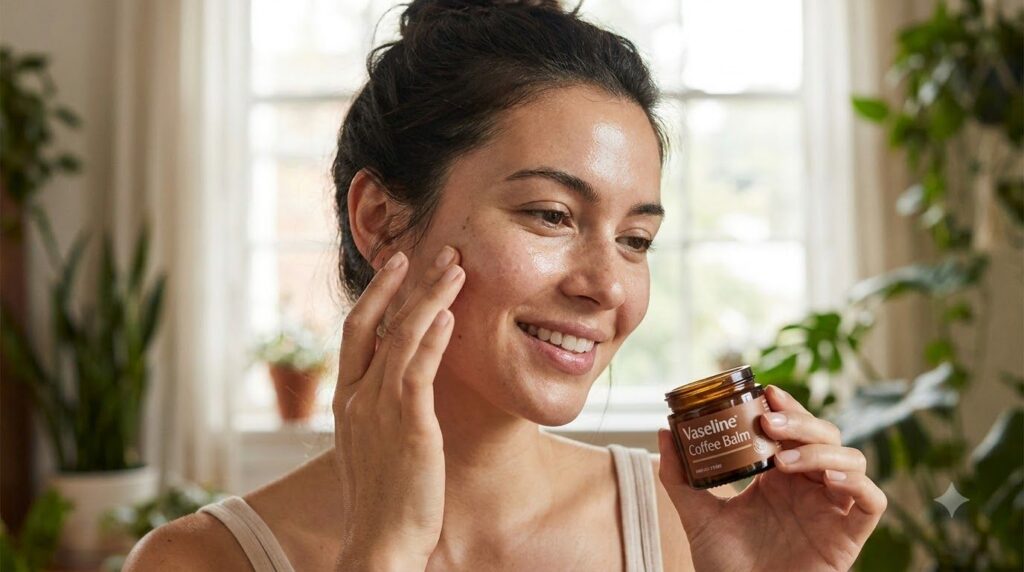 A woman gently applying the Vaseline coffee balm to her face specifically around her eye area with a soft expression Her