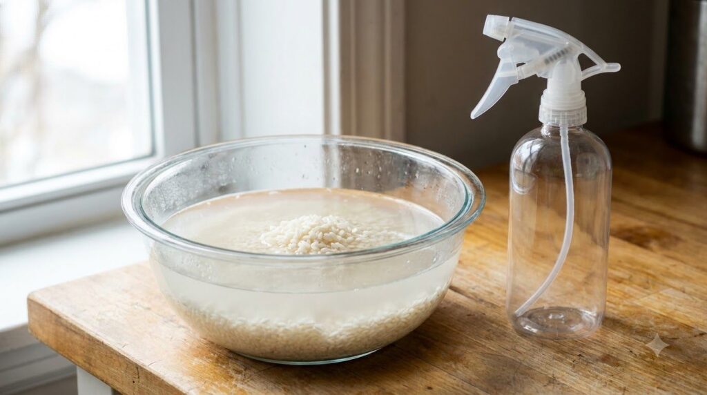 A clear bowl of white rice soaking in water with the water looking slightly cloudy Next to it a clean spray bottle ready
