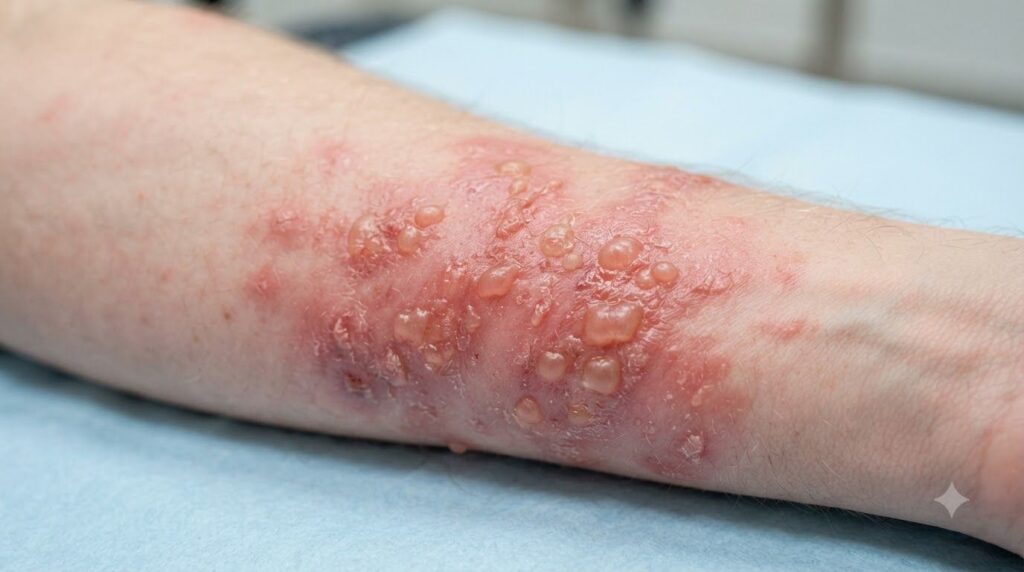 Close-up of skin showing signs of irritation and redness possibly with small blisters illustrating a phototoxic reaction