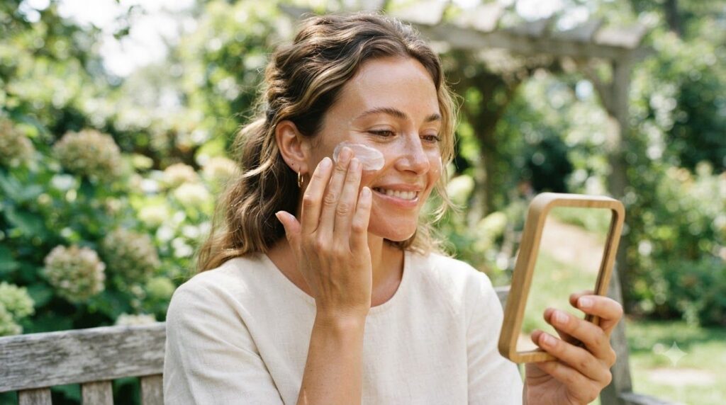 A woman applying sunscreen to her face outdoors emphasizing sun protection as a safe dark spot remedy