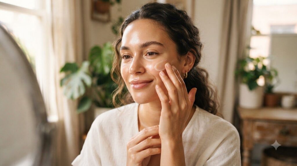 A woman with clear glowing skin gently applying a small amount of the supercharged Vaseline blend to her cheek illustrat