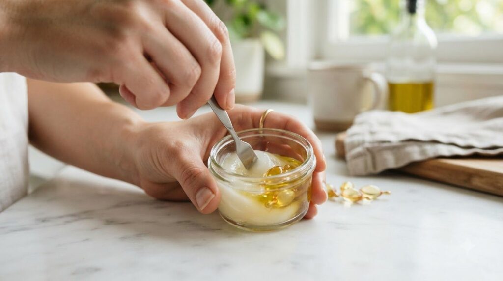 A person s hand gently mixing petroleum jelly and liquid from a golden vitamin E capsule in a small clear glass containe