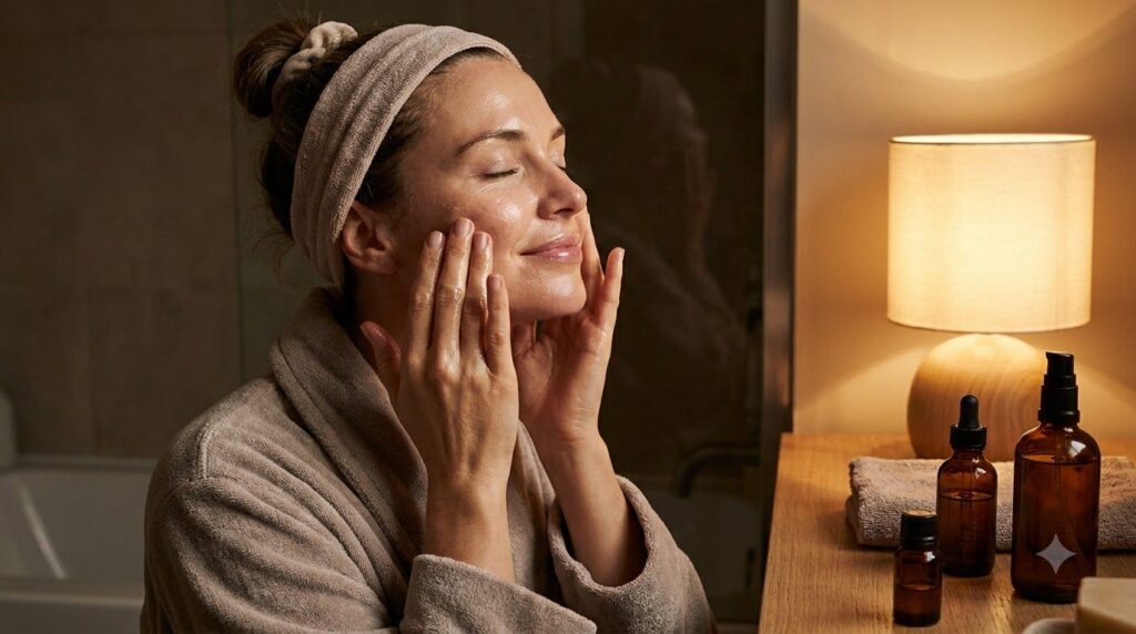 A woman gently massaging a few drops of facial oil onto her face as part of her nightly skincare routine Her eyes are cl