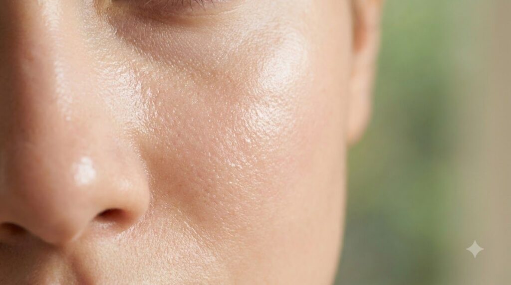 A close-up of healthy glowing skin with a subtle sheen perhaps from a light application of facial oil The skin appears s