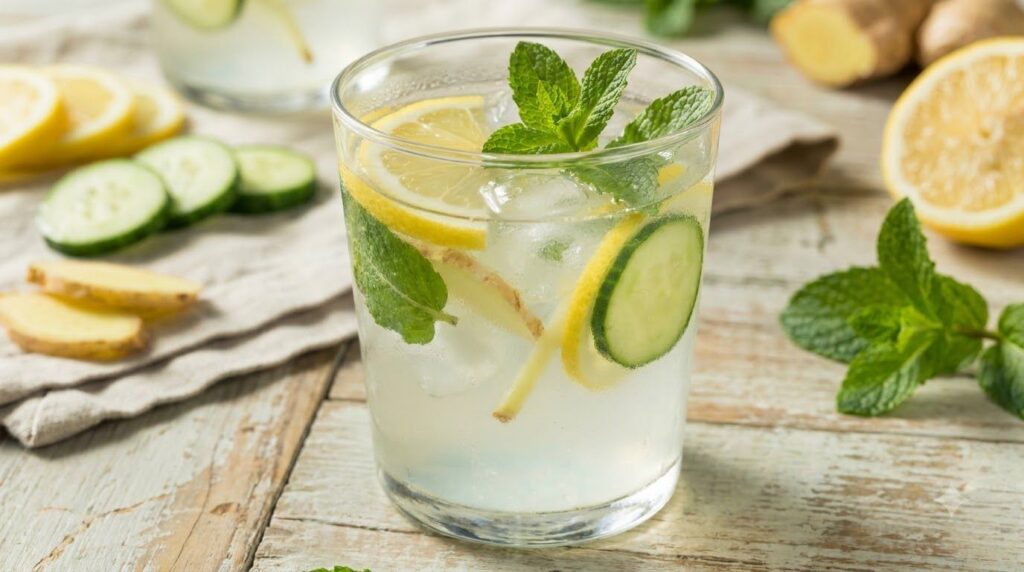 A close-up of a refreshing glass of the overnight belly-slimming elixir with ice garnished with lemon cucumber ginger sl