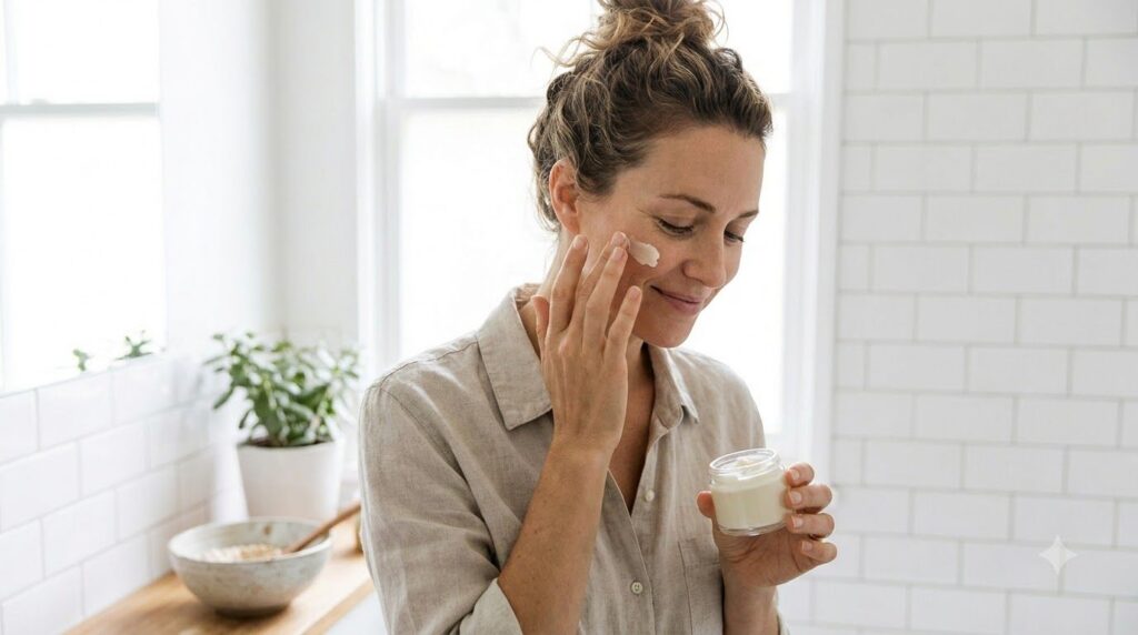 A woman gently applying a small amount of cream to her face focusing on her cheek with a soft natural expression