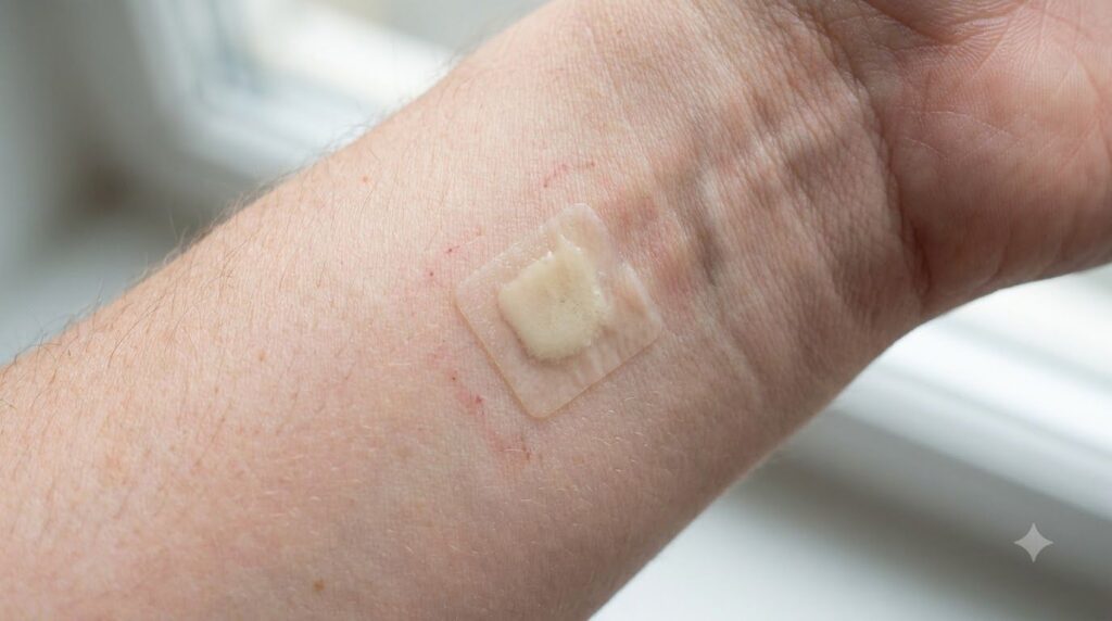 A person performing a patch test on their inner forearm showing a small amount of product applied to the skin
