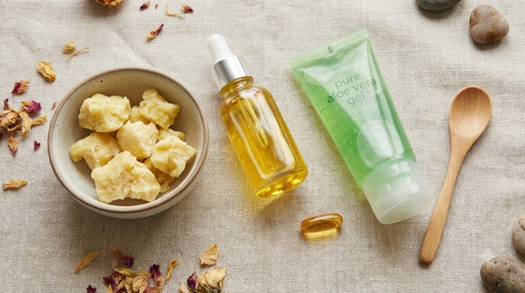 Various natural ingredients for a DIY cream including a small bowl of shea butter a bottle of almond oil a tube of aloe 