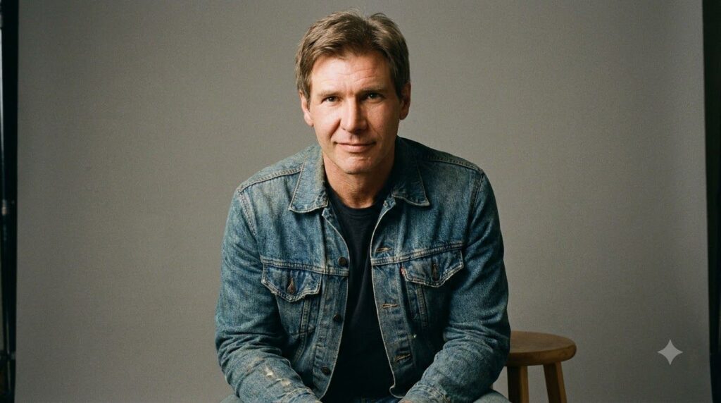 A real publicity photo of Harrison Ford from his earlier career showing his distinctive look and a hint of a smile