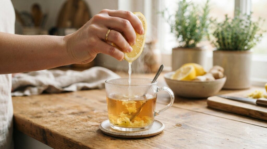 A hand holding a lemon half squeezing juice directly into a mug with grated ginger and warm water The scene is bright an