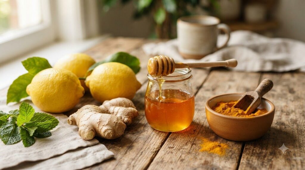 A close-up of fresh ingredients bright yellow lemons a knob of ginger root and a jar of honey arranged artfully on a woo