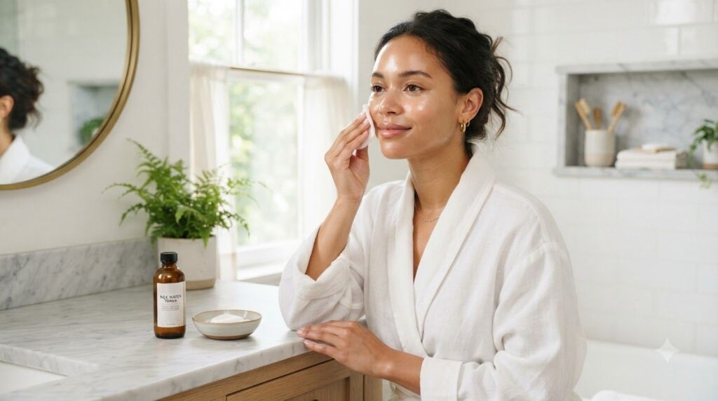 A woman with radiant skin gently applying rice water to her face with a cotton pad in a bright clean bathroom setting