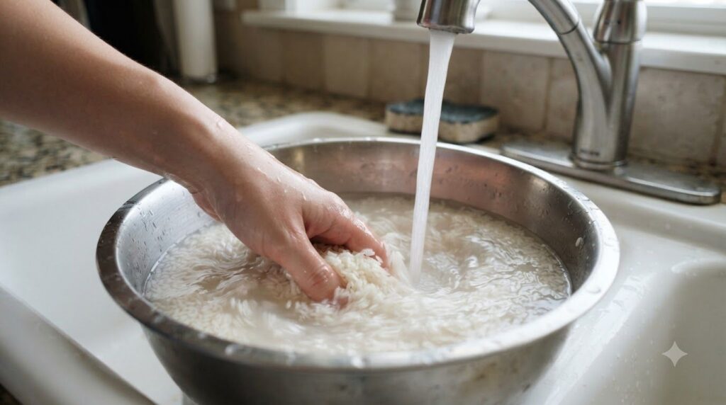 A close-up shot of white rice being rinsed in a stainless steel bowl under a stream of clear running water from a faucet