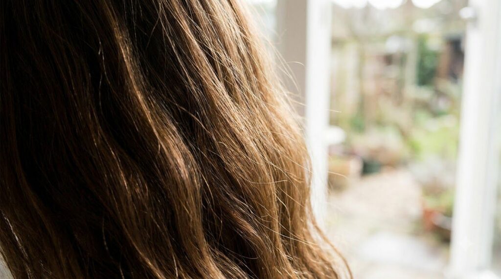 A close-up of a person s healthy shiny hair strands showing texture and volume with soft lighting