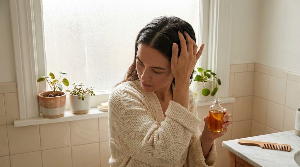 A woman gently massaging onion hair oil into her scalp with her fingertips her hair neatly sectioned